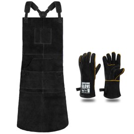 QeeLink Welding Apron for Men with Gloves - Heat & Flame-Resistant Leather Work Shop Blacksmith Aprons, Adjustable M to XXXL (Black - 24" X 36")