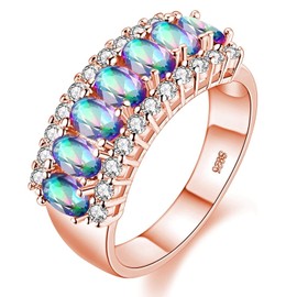 Uloveido Women's Rose Gold Plated 7 Stones Wedding Band Oval Cut Rainbow Cubic Zirconia Engagement Anniversary Rings J501 (Multi, Size 6)