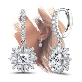 Sterling Silver Dangle Hoop Earrings for Women White Gold Plated Hypoallergenic Trendy Charms Flower Earring Dainty Jewelry with Cubic Zirconia Fashion Birthday Gift for Women