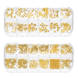 Kzvsiy 2 Sets 3D Nail Art Charms, Star, Moon, Gem, Shell, Starfish, Feathers, Mixed Metal Nail Charms, Rivet Designs for DIY Manicure & Nail Decorations, Metal Nail Studs for Women (Gold)