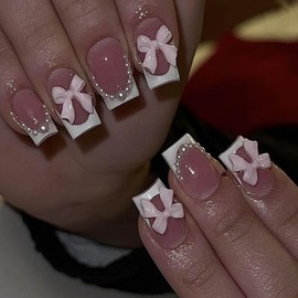Press On Nails, Beauty Pattern Summer Cute Glue on Nails, Fake Nails, Short Square Almond Ballet Shape on 24PCs (Short Bow Pearl)