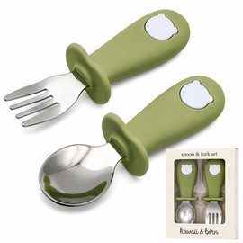 kawaii&born Cutlery Set Spoon & Fork Set Boxed Baby Food Dishwasher Safe Easy Grip for Children Birth Gift Preparation Baby (Pistachio)