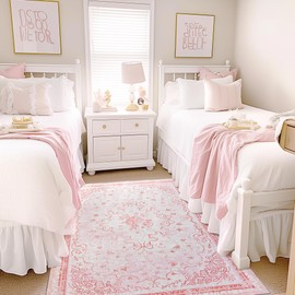 Pink Area Rugs 8x10 for Bedroom Playroom - Large Pastel Boho Classroom Rug,Washable Under Bed Bow Floral Cottagecore French Country Rug for Living Room Nursery,Cute Room Decor Aesthetic for Teen Girl