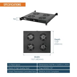Tecmojo 1U Rack Mount Fans with Thermostat, 4 Fans Cooling System, Adjustable Temperature Control, Adjustable Depth, Digital Heat Monitor Display & Overheat Alarm Sensor – Efficient Airflow Exhaust
