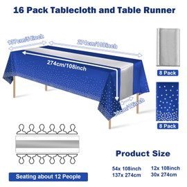 16Pack Disposable Plastic Tablecloths and Satin Table Runner Set Blue and Silver Dot Tablecloth Silver Satin Table Runner for Wedding Birthday Baby Shower Anniversary Christmas New Year Party Supplies