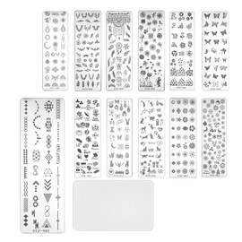 13 Pieces Nail Art Punch Plates with Scraper Leaves Flowers Animals Pattern Manicure Template Tools for Nails Decoration Professional DIY Salon