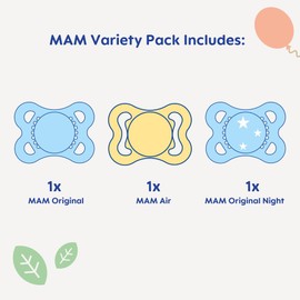 MAM Variety Pack Baby Pacifier, Includes 3 Types of Pacifiers, Nipple Shape Helps Promote Healthy Oral Development,0-6 Months, Unisex, 3 Count (Pack of 1)