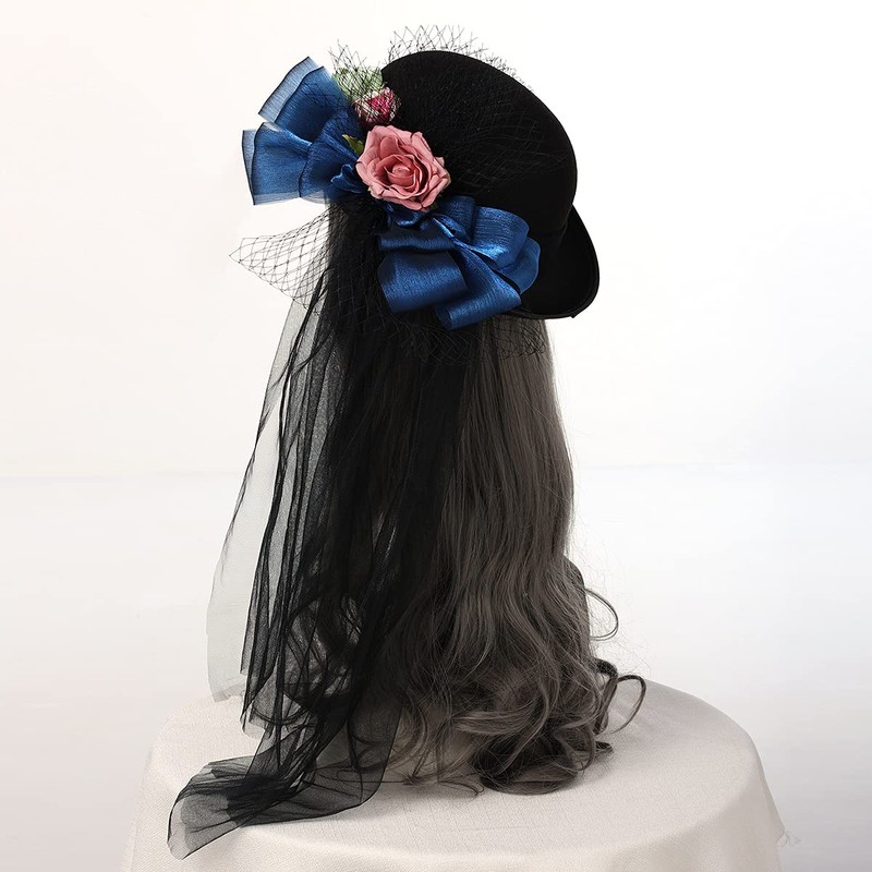 COSDREAMER Women Victorian Dome Hat Long Lace Rose Flower Black
