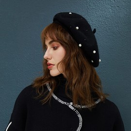 ZARSIO Women Beret Pearl Elegant Sweet Artist Wool French Style Beret Beanie Cap (Black)