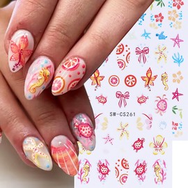 6 Sheets Spring Summer Nail Stickers 3D Self-Adhesive Nail Decals for Nail Art Cute Flower Bow Starfish Turtle Nail Art Stickers Holiday DIY Nail Supplies for Women