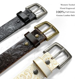 BS036-P3983 Western Tooled Floral Engraved 100% Full Grain Geuine Leather Casual Jean Belt 1-1/2"(38mm) Wide (Black 38)