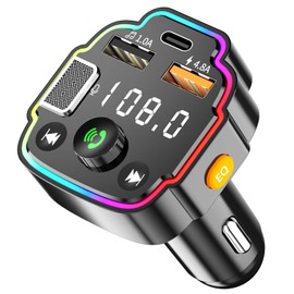 VEESA Bluetooth 5.0 FM Transmitter for Car, Wireless Audio Adapter with QC3.0 Fast Charging, USB/TF Card Playback, Voltage Detection, 7-Color LED Light, SQ Sound Quality for 12V-24V Vehicles, Trucks
