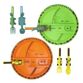 Constructive Eating Made in USA Construction and Dinosaur Combo with 2 Utensil Sets and 2 Plates for Toddlers, Infants, Babies and Kids - Made with Materials Tested for Safety