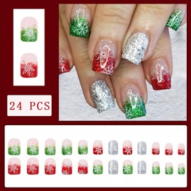 Christmas Glitter French Press on Nails Short Square Fake Nails White Snowflakes False Nails Red Green and Silver Glitter Acrylic Nails Full Cover Stick on Nails for Women Party Nails Decoration 24pcs