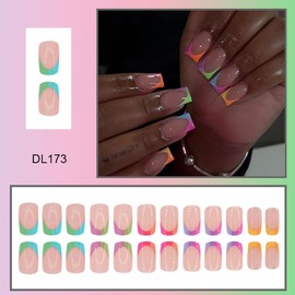 24Pcs Square Press on Nails Short French Tip Fake Nails Summer Glue on Nails with Designs Colorful Nail Tips Full Cover Acrylic Nails Nude Glossy False Nails Natural Stick on Nails for Women Girls