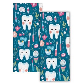 VODRM Dental Tooth Fairy Hand Towels 2PCS, Toothpaste and Toothbrush Pattern Polyester Bath Towel Set, for Kids, Adults, Bathroom, Spa, Gym, Kitchen, Travel Decor Gifts, 14.5x28 Inch