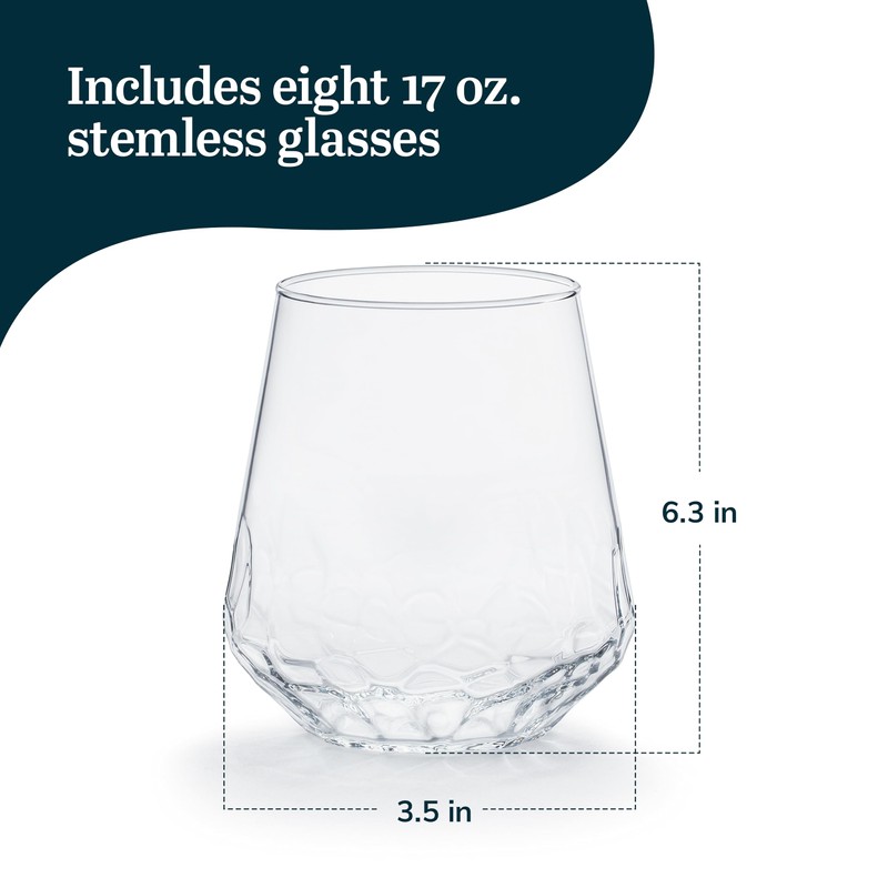 Libbey Hammered Stemless Wine Glasses Set of 8, 17-ounce, Dishwasher-Safe,