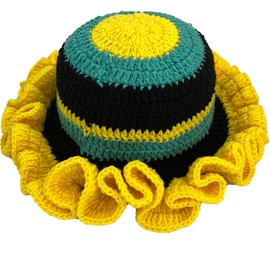 Hshsclth Boho Chic Knitted Hat for Women Handmade Crochet Color-Block/Contrast Color Ruffl Brim Bucket Hat (US, Alpha, One Size, Yellow Green Black)