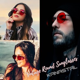 KANASTAL Round Sunglasses Men's Retro Sunglasses Round Women's Hippie Glasses Classic Rave Polarised Glasses with Metal Frame Vintage Steampunk Sunglasses UV Protection, N-red/black frame (not