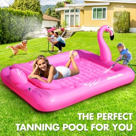 DeeprBlu Luxury Flamingo Inflatable Tanning Pool for 2 Person, 81x60 inch Sunbathing Pool Lounger Float, Pink Blow Up Tanning Pool Suntan Tub, Tanning Water Bed with Cup Holder, Lounge Float for Adult
