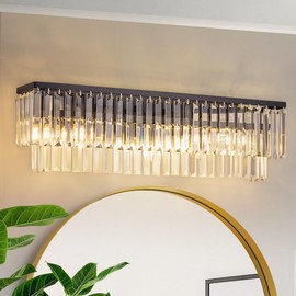 Wellmet 4-Light Bathroom Vanity Light Fixtures, Black Crystal Wall Sconces Lighting, Modern Farmhouse Wall Lamp for Mirror, Living Room, Bedroom, Hallway, Cabinet, Porch, E12 Base(Bulbs Not Included)