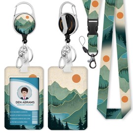 Piefly Lanyards for Id Badges, Badge Holder with Retractable Reel Clip, Sunrise Sunset Mountain Tree Card Name Tag Lanyard, Vertical ID Card Protector for Women Nurse Doctor Teacher Student