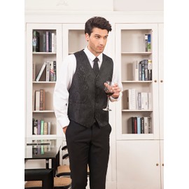 Hisdern Men's Floral Wedding Waistcoat, Tie and Handkerchief Set, Jacquard Waistcoat Suit Set, black