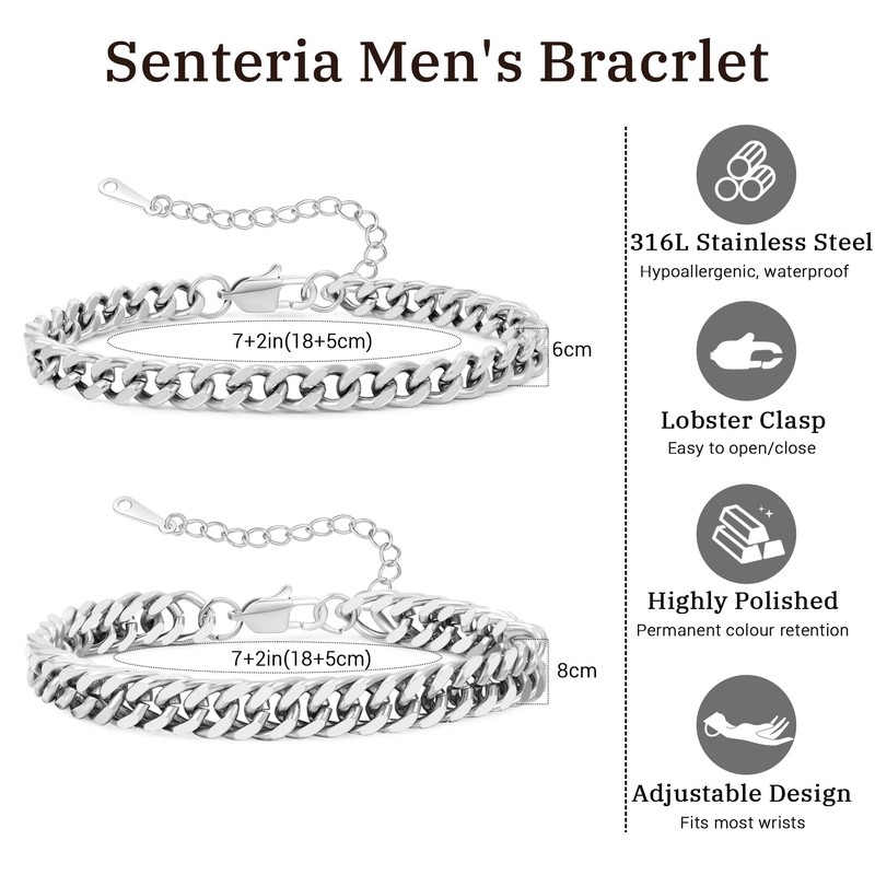 2 Pcs Stainless Steel Bracelet for Men Women Sturdy Silver