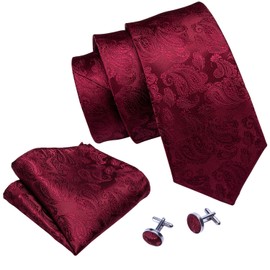 Barry.Wang Burgundy Man Ties Set Silk Solid Woven Flower Necktie Handkerchief Cufflinks Wedding Party