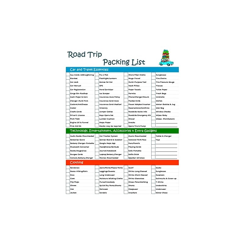 Ultimate Road Trip Planner Packing Checklist -Laminated & Double Sided