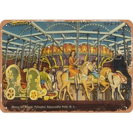 7 x 10 METAL SIGN - New Jersey Postcard - Merry go round, Palisades Amusement Park, N. J. - Vintage Rusty Look