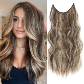 BAOTA Invisible Wire Hair Extensions with Transparent Headband Adjustable Size 4 Secure Clips Long Wavy Secret Wire Hairpiece 16 Inch for Women（Light Brown with Caramel Blonde）