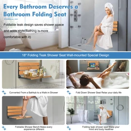 18" Teak Folding Shower Seat Wall Mounted,Fold Down Shower Bench for Small Shower Space, Home Care Teak Wood Stool for Inside Shower