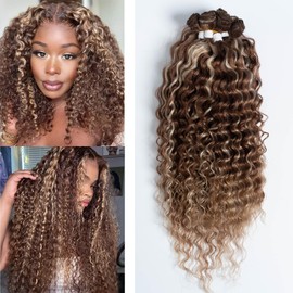 DÉBUT Synthetic Water Wave Hair 8 Bundles with Lace Part Closure, Wavy Synthetic Fiber Hair Weaving with Middle Part Hand-tied Lace Closure for Women (Highlight Brown Blonde, 9 PCS, 20 Inches)