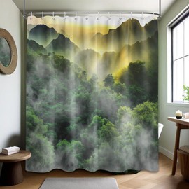 Tonmue Misty Forest Shower Curtain Mountain Nature Scenic Green Bathroom Decor, Waterproof Cloth Fabric with Hooks 70" W x 72" L