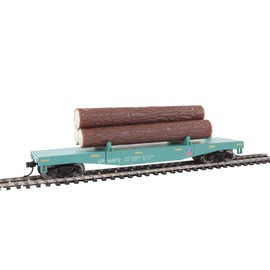 Walthers Trainline Log Dump Car with 3 Logs-Ready to Run-Union Pacific 14972 (MOW Scheme; Green, Yellow Conspicuity Marks) 931-1773 HO Scale Model Railroad - Freight Model