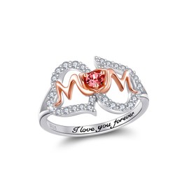 URMWMOO Mothers Ring 925 Sterling Silver Double Heart Red Birthstone I Love You Forever Mom Rings Jewelry Birthday Mothers Day Gifts for Women Mother Grandma Size 7