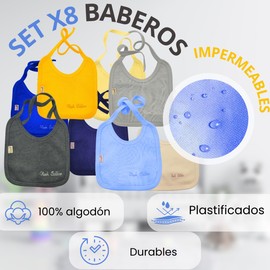 Neek Cotton | Set Baberos Impermeables x8 Piezas - 100% Algodón | Ropa de Bebe Niña - Ropa Bebe Niño | Resistentes Al Agua -Plastificado | Lavables a Maquina- Accesorios para Bebe (Niño)