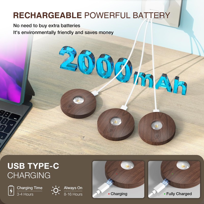 Rechargeable Puck Lights with Remote Control,2000mAh High Capacity Battery Operated