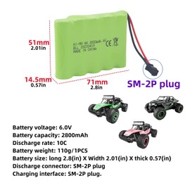 sea jump 2PCS 6.0V 2800mAh AA Rechargeable Battery with SM-2P Plug+USB Charging Cable for TB141 TB142 DE37 RC Car, Toy Stunt Car Battery and RC Excavator, Truck, Engineering Car Battery