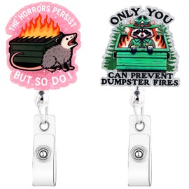NINATY 2Pcs Funny Badge Reel Retractable Opossum Raccoon Dumpster Fire Badge Reels with Alligator Clip Cute ID Card Holder Humor Badges Accessories for Worker Doctor Teacher Nurse Gifts