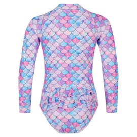 Tame the Sun Long Sleeve Girl Swimsuit - Rash Guard with Frills, UPF 50+ Zipper Mermaid Swimwear - Bathing Suit for Ages 3-12