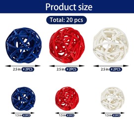 Qingbei Rina 4th of July Wicker Rattan Balls,Independence Day Decorative Balls for Bowls,Vase Filler for Centerpieces,Red White Blue Bowl Fillers for Home Decor,Memorial Day 20 PCS
