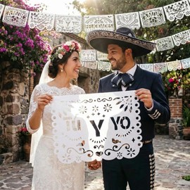 Fullhawl 6 Pack 120 ft White Cielito Lindo Party Decoration Wedding Papel Picado Banner Plastic Mexican Fiesta Flags Amor & Tu Y Yo Banner Wedding Bridal Shower Supplies, 10 Plastic Flags/per