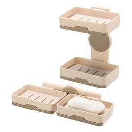 uxcell Soap Holder for Shower Wall, Double Layer Drill-Free Soap Dish Adhesive Wall Mounted Sponge Holder for Shower Kitchen, Bathroom, Bathtub(Khaki)