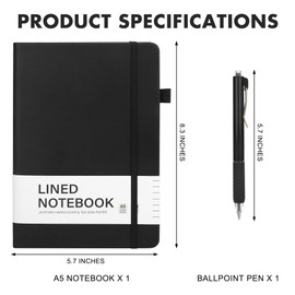 Aodaer Lined Notebook Journal with Pen A5 Notebooks 100 GSM College Ruled Hardcover Notebook PU Leather Notepad with Pen Holder for Office School, 5.7 x 8.3 Inches, Black