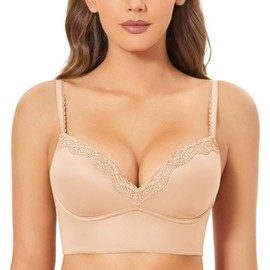 DOBREVA Sujetador Brasier Push Up sin Varilla para Mujer Bralette Acolchado Encaje Palangre Beige 34C