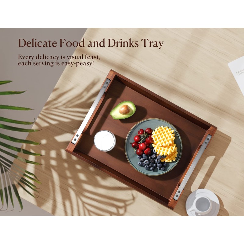 Dofira Acacia Wood Serving Tray with Metal Handles, 17x13in Food