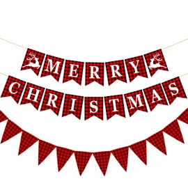 JUNRU Merry Christmas Burlap Banner, Red Black Buffalo Plaid Reindeer Banner with Triangular Flag Pre-Assembled Vintage Bunting for Xmas Party Home Fireplace Tree Holiday Decor Supplies, 3Pcs