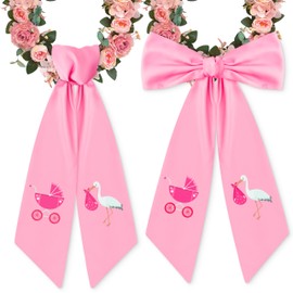 WATINC Wreath Sash Pink Stork - 2pcs Baby Shower Newborn Girl Wreath Scarf DIY Bow for Front Door Decoration, Gender Reveal Satin Sash Accessories Pregnancy Announcement Doorway Decor (56'' x 4.5'')